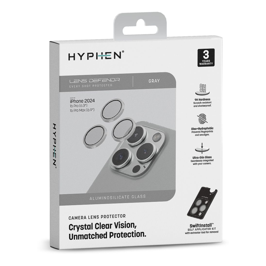 HYPHEN Camera Lens Protector for iPhone 16 Pro/Pro Max with Self Installation Board - Gray