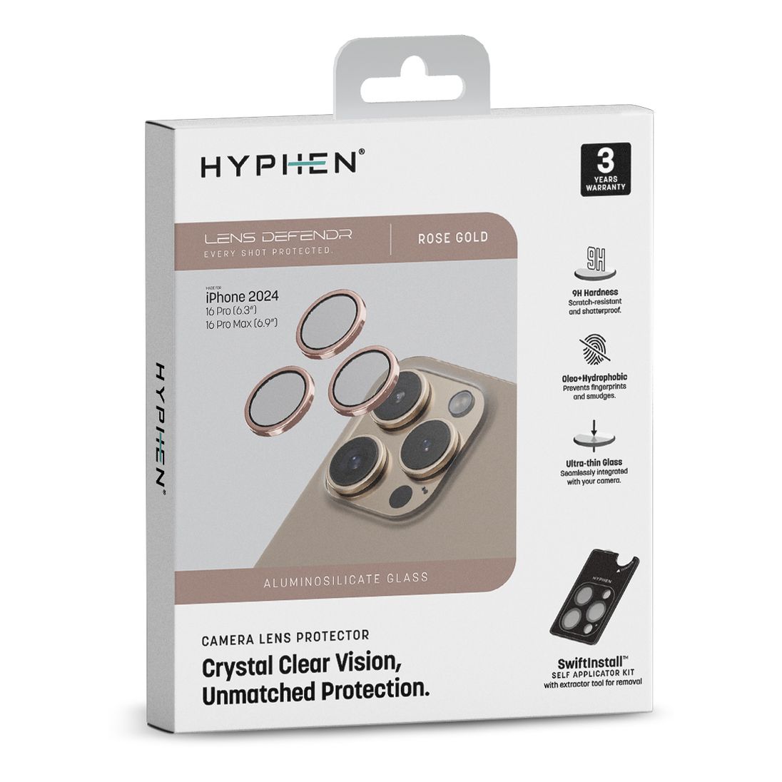 HYPHEN Camera Lens Protector for iPhone 16 Pro/Pro Max with Self Installation Board - Rose Gold