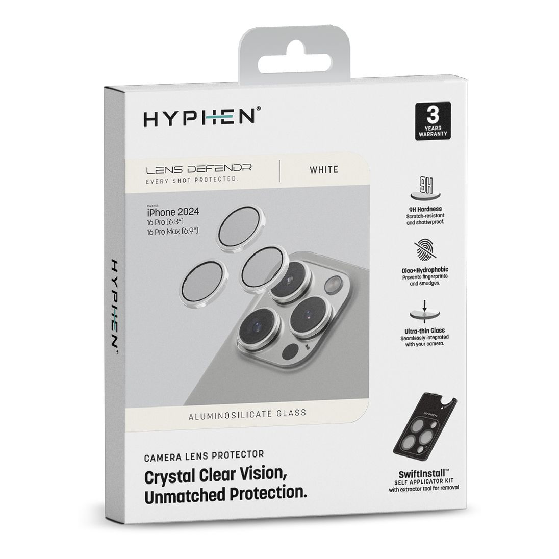 HYPHEN Camera Lens Protector for iPhone 16 Pro/Pro Max with Self Installation Board - White