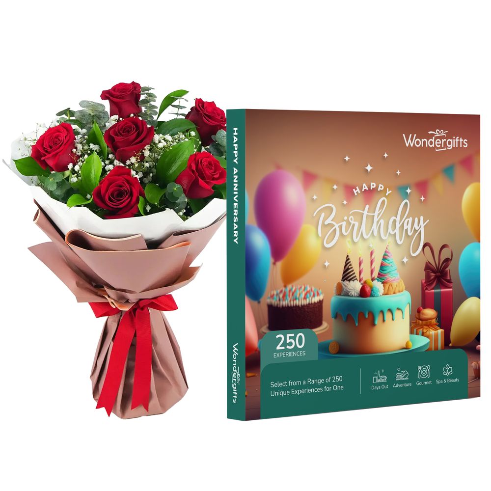 Wondergifts Happy Birthday Gift Box with Red Flowers Bouquet -Selection of Gourmet/ Spa/ Adventures & More Experience