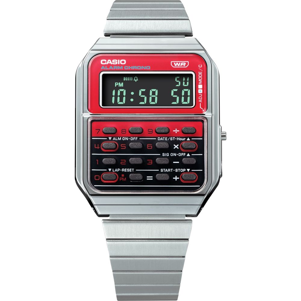 Casio CA-500WE-4BDF Vintage Databank Calculator Men's Digital Stainless Steel Watch - Silver / Red