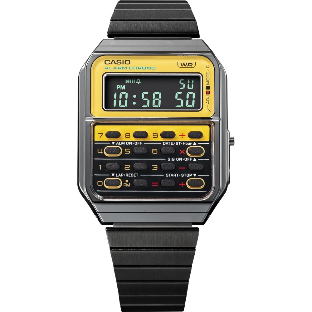 Casio CA-500WEGG-9BDF Vintage Databank Calculator Men's Digital Stainless Steel Watch - Silver / Yellow