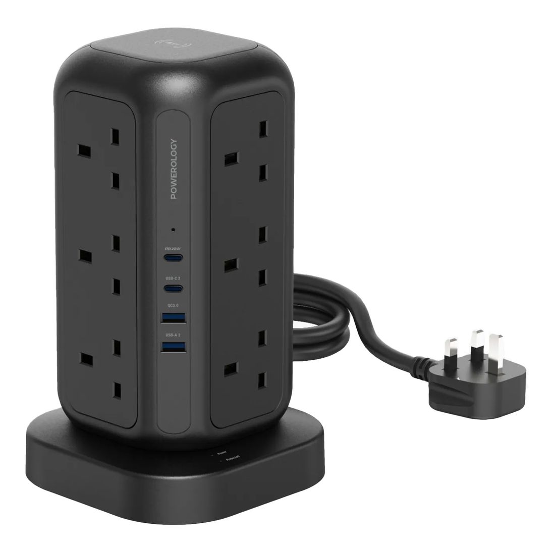 Powerology 35W Socket Tower With 15W Wireless Charger 3m - Black