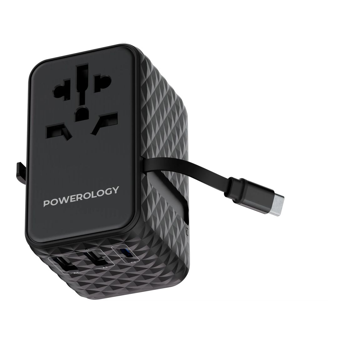 Powerology Gan 20W Pd Universal Adapter Retractable Type-C Cable - Black