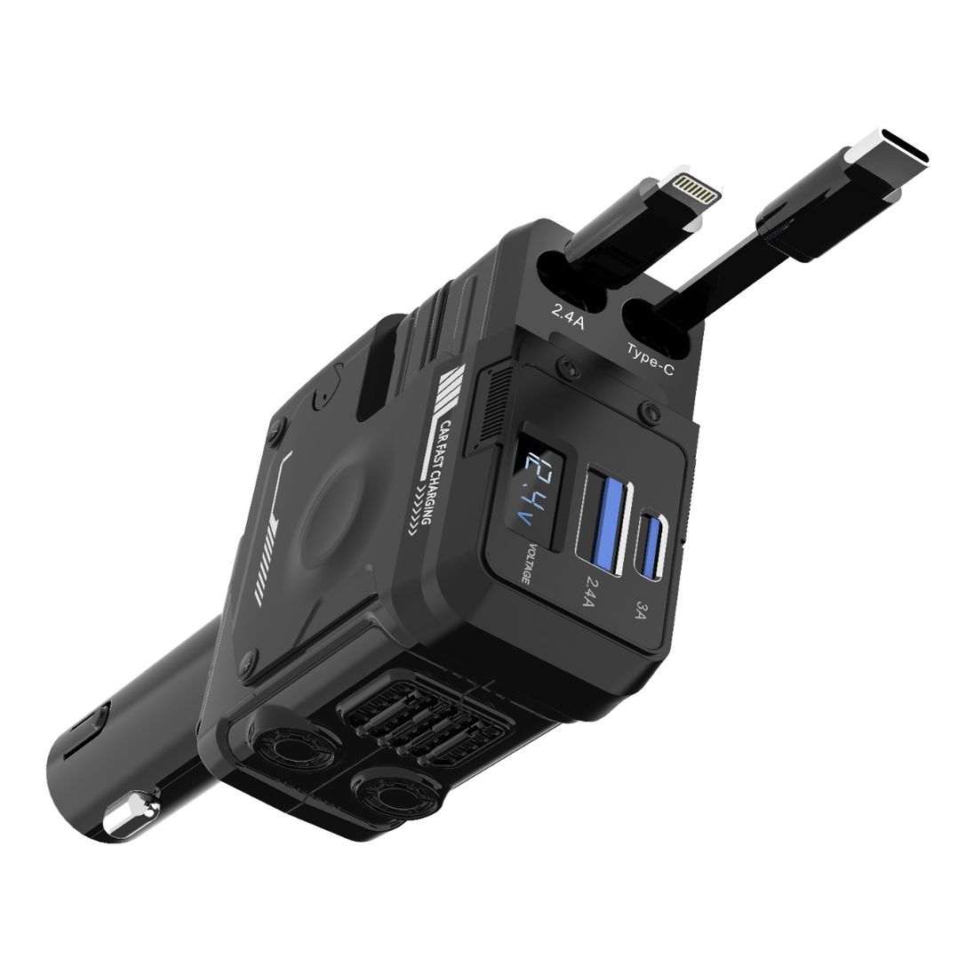 Porodo 66W Car Charger Lightning & Type -C Wires - Black