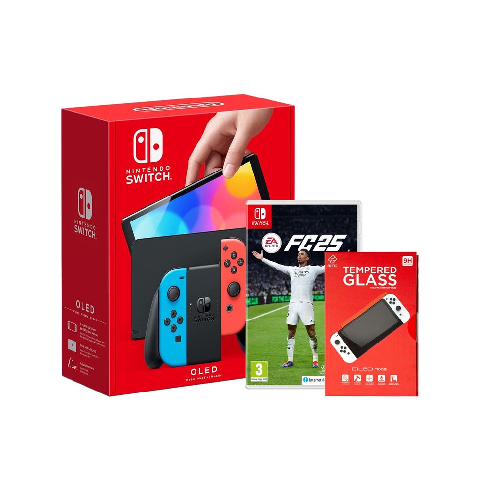 Nintendo Switch OLED Console With Neon Joy-Con + EA Sports FC 25 & FR-Tec Screen Protector (Bundle)