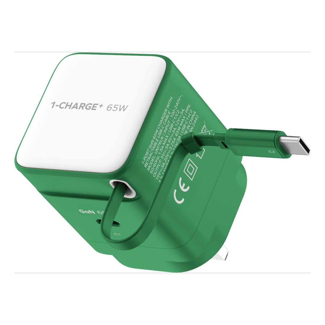 Momax 1-Charge 65W Gan 1 Port Charger With Built-In USB-C Cable - Green