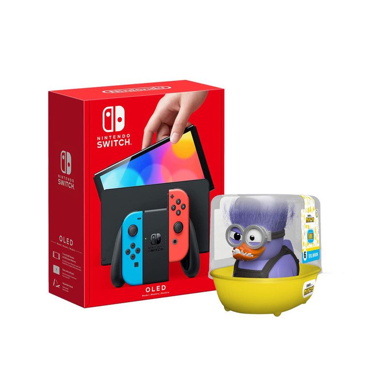 Nintendo Switch OLED Neon Joy-Con Console + Minions Tubbz 1st Ed Purple Minion (Big Size) (Bundle)