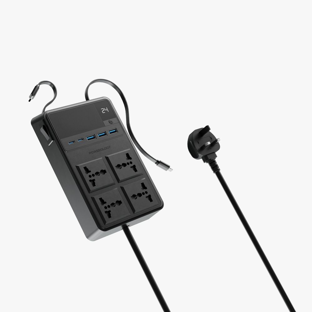 Powerology 2500W 4 AC Power Strip With Built-In Retractable Cables - Black