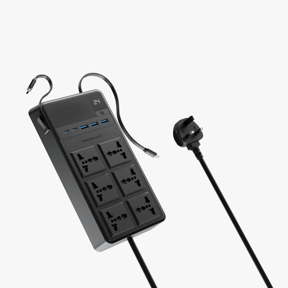 Powerology 2500W 6 AC Power Strip With Built-In Retractable Cables - Black