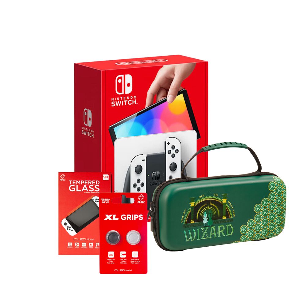 Nintendo Switch OLED White Joy-Con Console + Tubbz Wicked Switch Case (Exclusive) + FR-Tec OLED Screen Protector + FR-Tec Grips XL (Bundle)