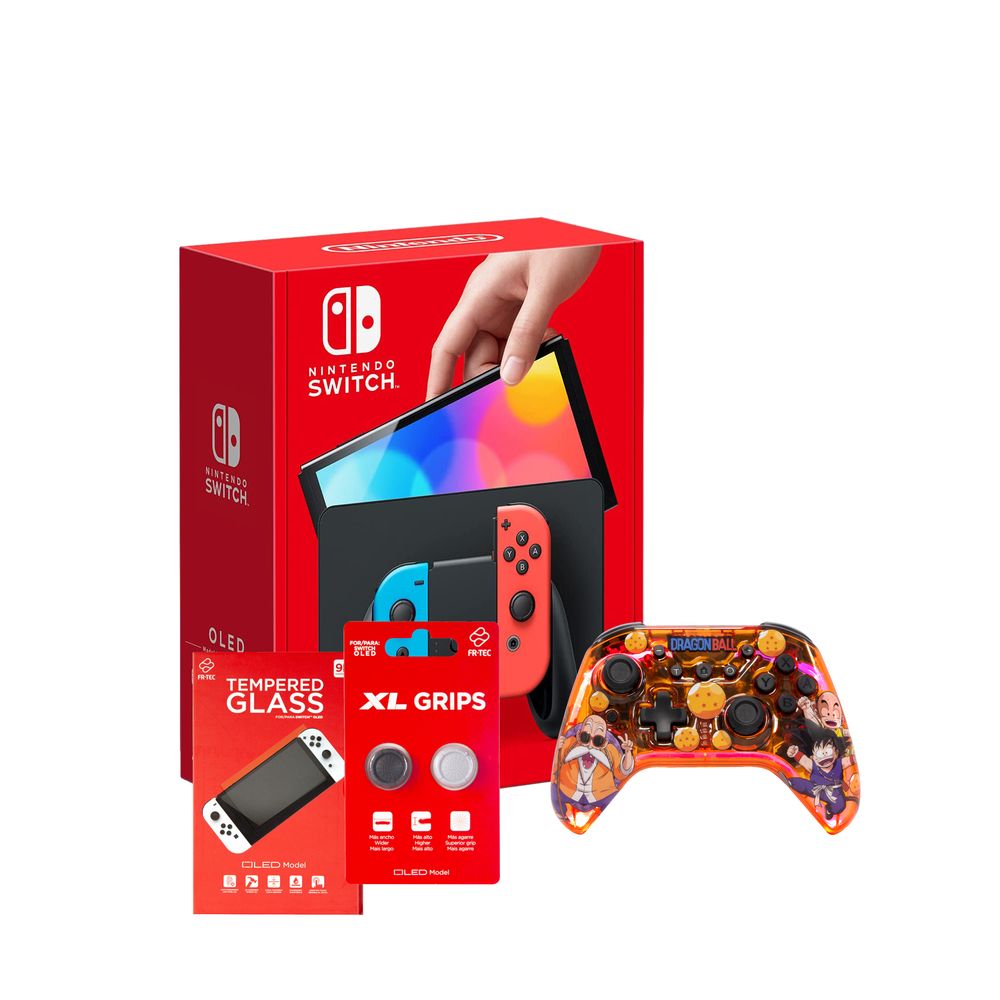 Nintendo Switch OLED Neon Joy-Con Console + FR-Tec Dragon Ball Kame Gamepad + FR-Tec Screen Protector + FR-Tec Grips XL (Bundle)