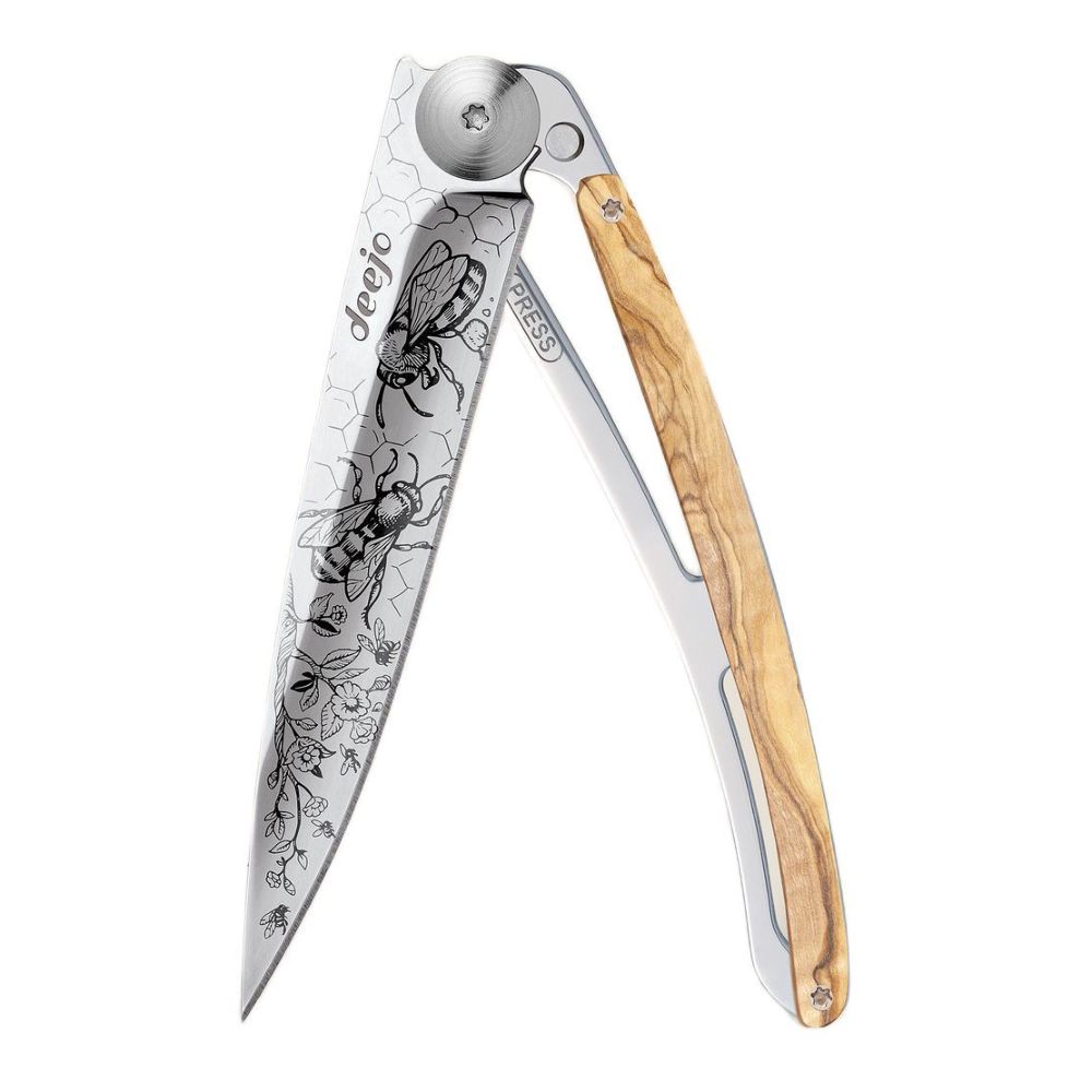 Deejo 37G Olive Wood Pocket Knife - Bees Light Brown