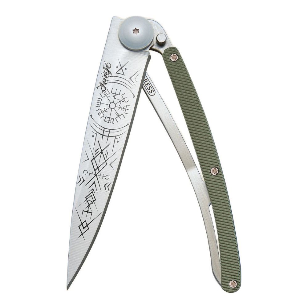 Deejo 37G Khaki Aluminum Pocket Knife - Viking Vegvisir Khaki