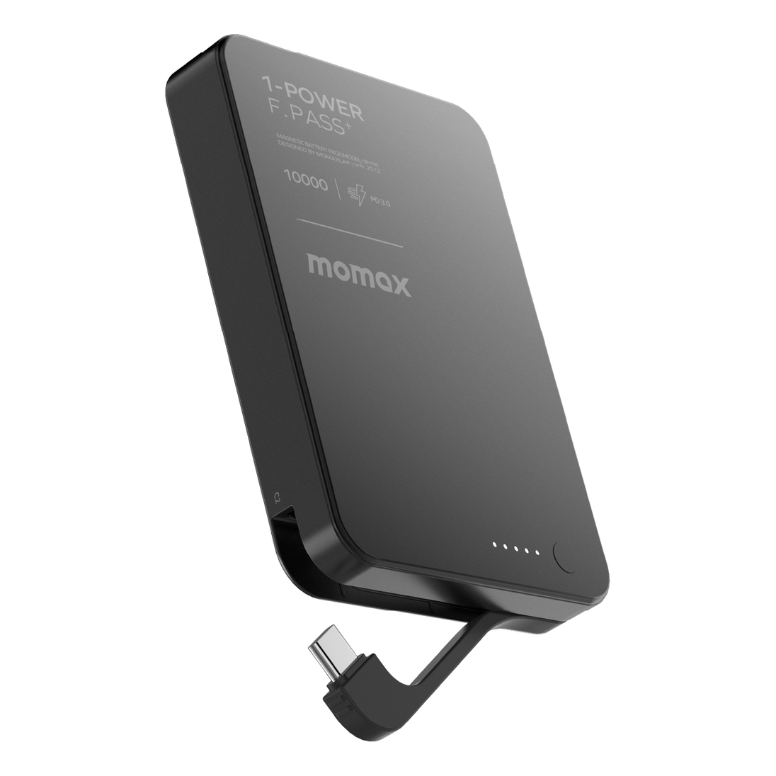 Momax 1-Power F.Pass+ 10000mAh Power Bank With Built-In Cable & Magnetic Attachment - Black