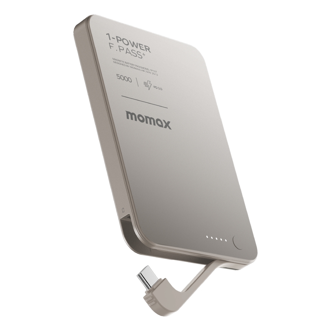 Momax 1-Power F.Pass+ 5000mAh Power Bank With Built-In Cable & Magnetic Attachment - Titanium