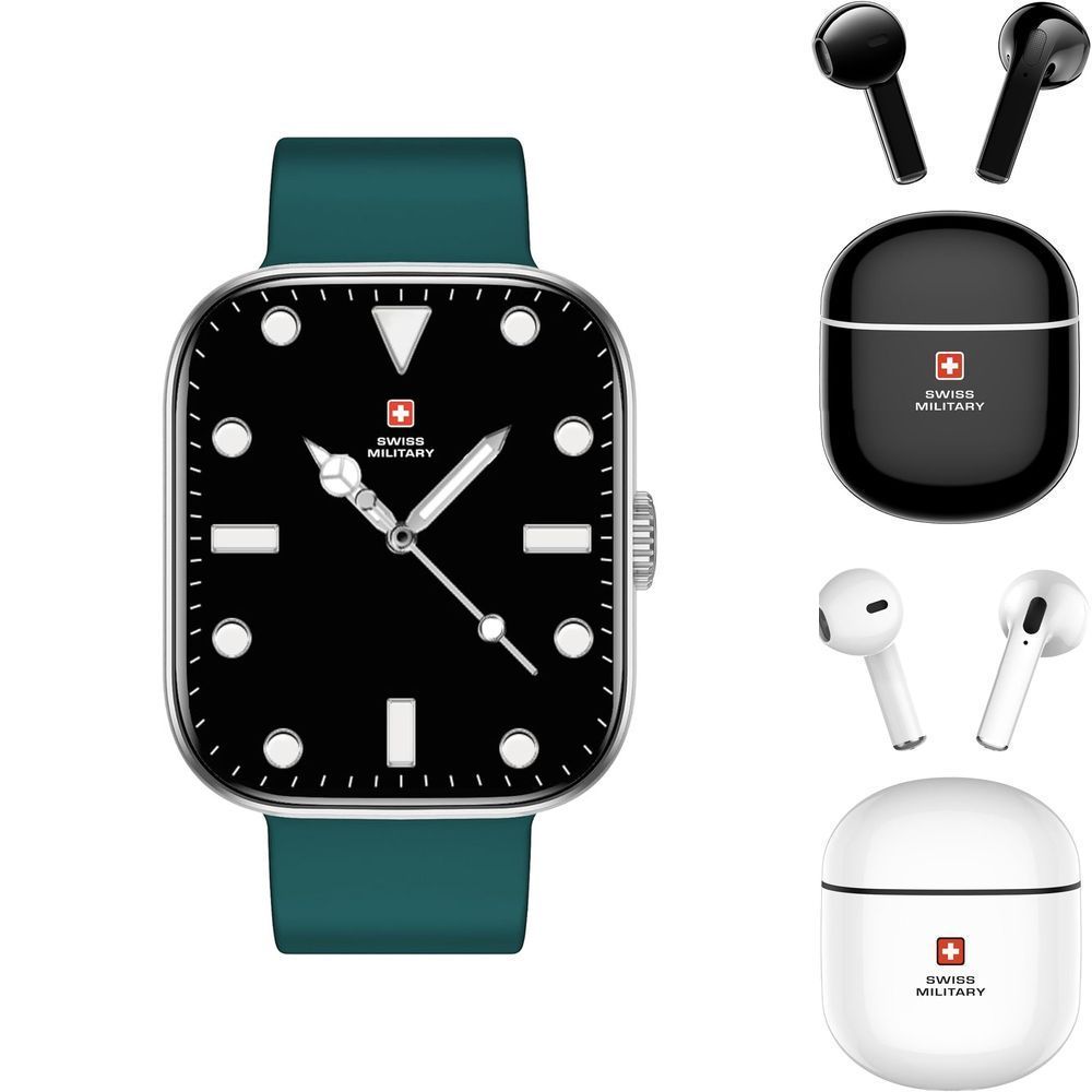 Swiss Military ALPS4 Smartwatch Silver Frame Green Silicon Strap + Swiss Military TWS Victor 5 - Black (Bundle)
