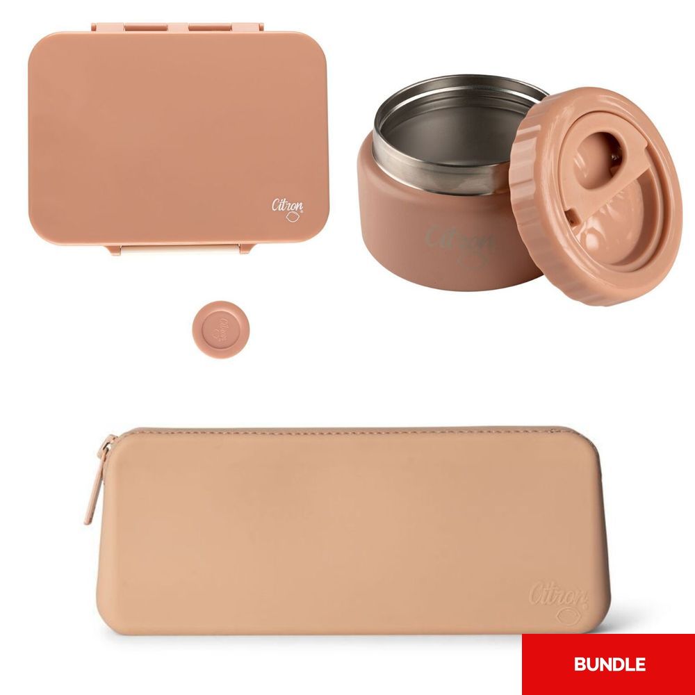 Citron 2022 Stainless Steel Food Jar 250ml Blush Pink + Citron 2023 Stainless Steel Cutlery With Pouch Blush Pink + Citron 2022 Tritan Lunchbox Blush Pink (Bundle)