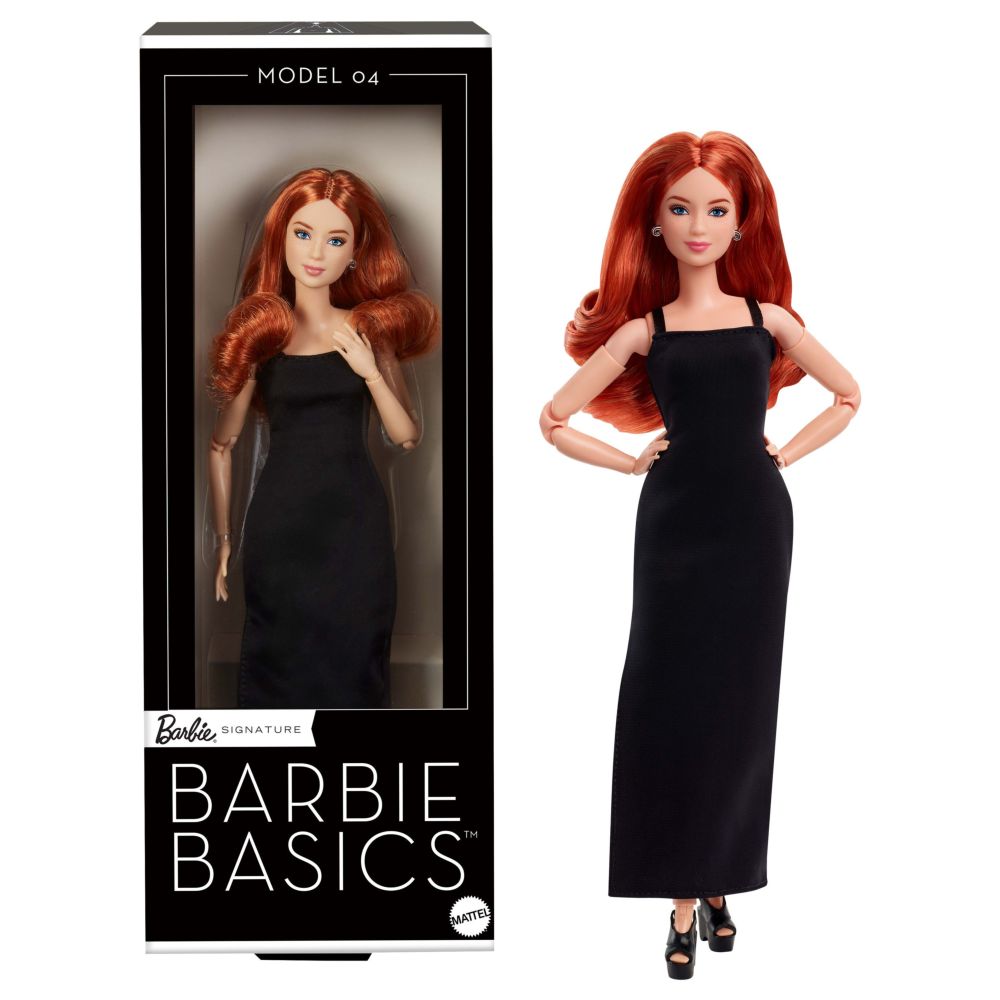 Mattel Barbie Basics Red Curly Hair With Black Long Dress Doll