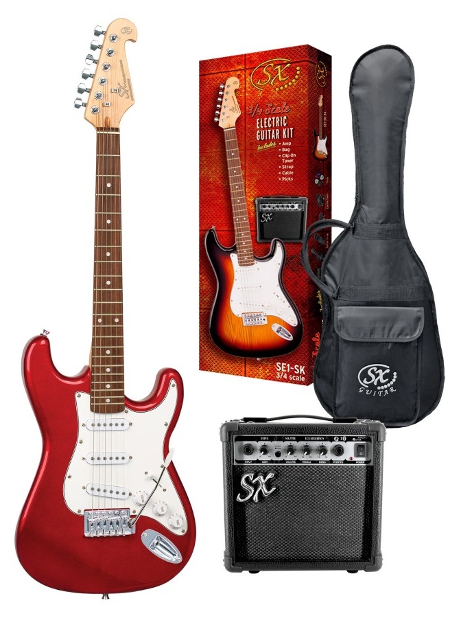 SX Guitar SE1-SK-34-Car Stratocaster 3/4 Electric Package Guitar - Candy Apple Red