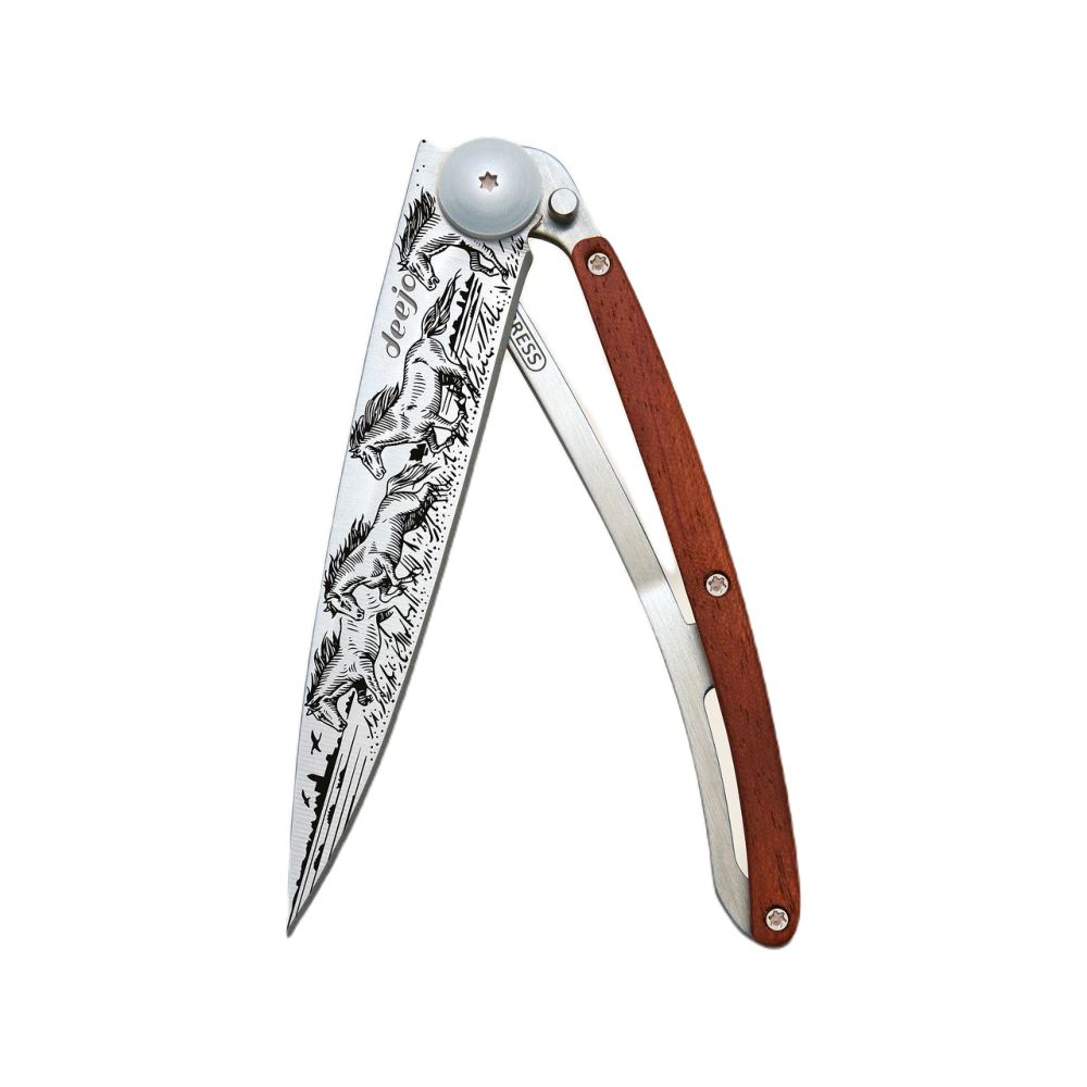 Deejo 37G Pocket Knife - Coral Wood/Wild Horses (Grey)