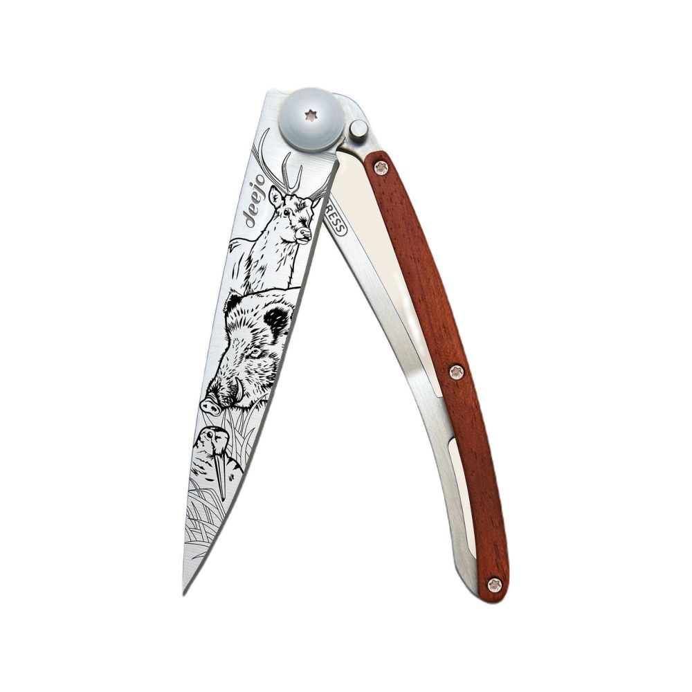 Deejo 37G Pocket Knife - Coral Wood/Hunting Scene (Grey)