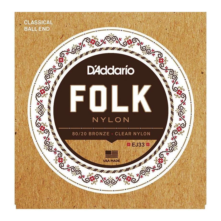 D'Addario Classical Guitar Strings EJ33 Folk Nylon - Ball End -80/20 Bronze - Clear Nylon Trebles