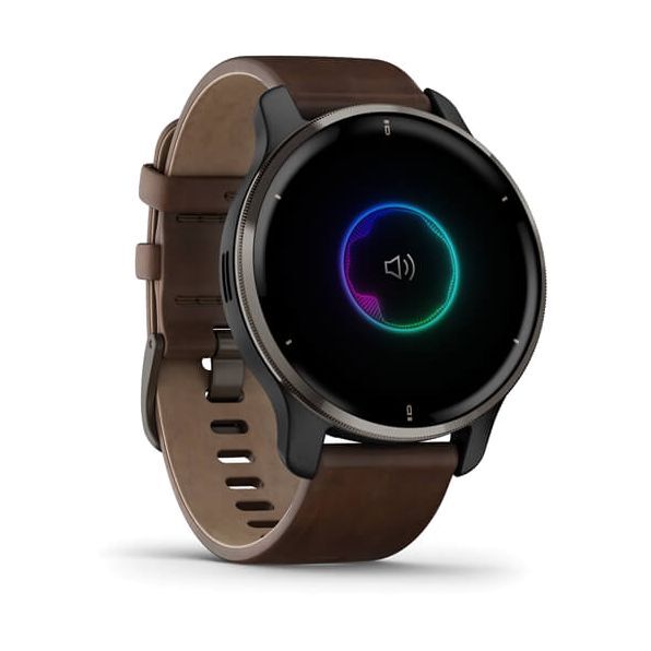 Garmin Venu 2 Plus Smartwatch - Slate Stainless Steel Bezel with Slate Case & Brown Leather Band