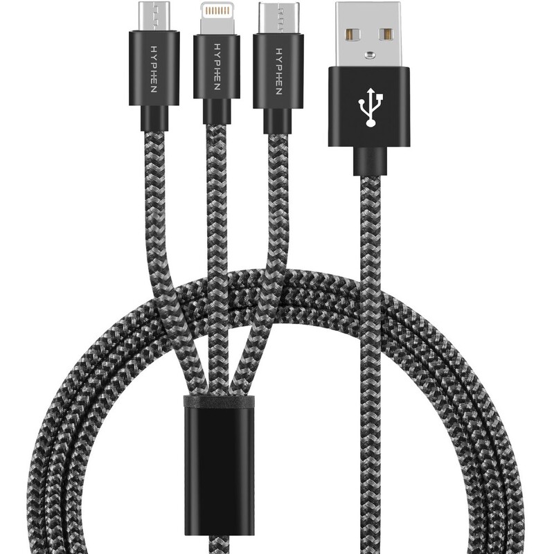 HYPHEN 3 in 1 Lightning + USB-C + Micro-USB Cable 1M Black HYPHEN 3 in 1 Lightning + USB-C + Micro-USB Cable 1M Black