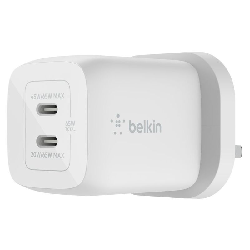 Belkin 65W Dual USB-C GaN PD Wall Charger - White Belkin 65W Dual USB-C GaN PD Wall Charger - White