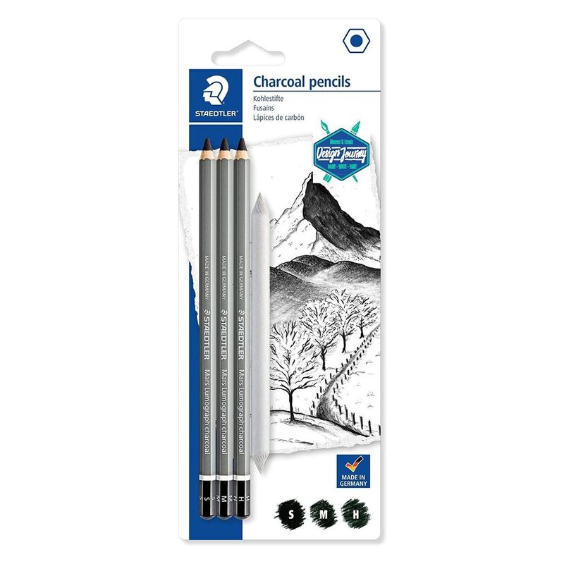 Staedtler Mars Lumograph Charcoal 100C Pencils + Blender (Pack Of 4)