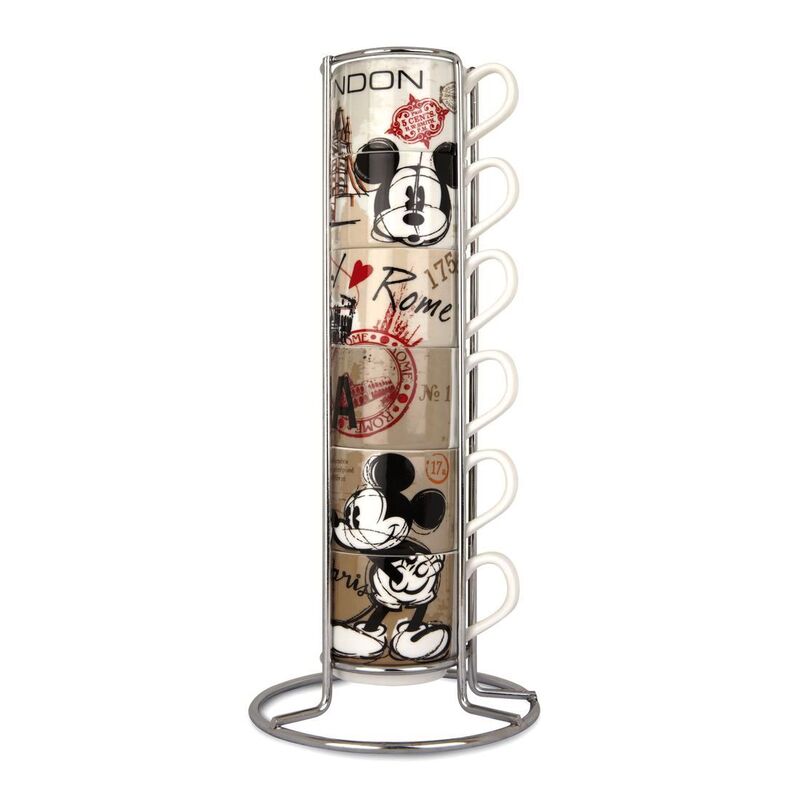 Mickey Mouse City Stackable Espresso Porcelain Cups + Metal Rack ITC (Set of 6)