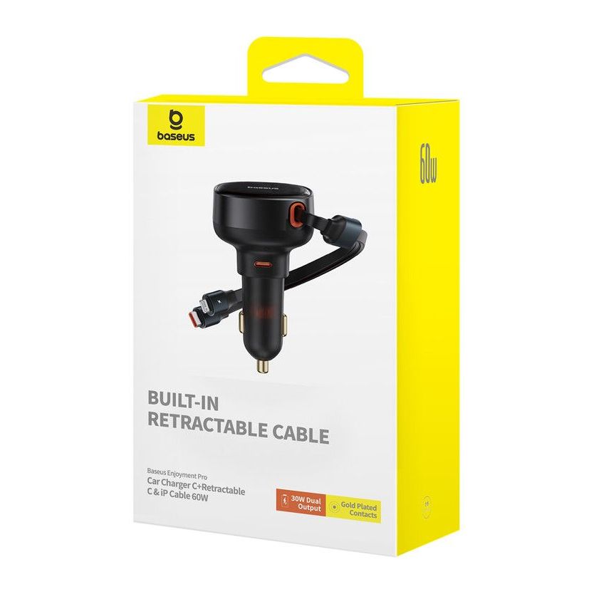 Baseus Enjoyment Pro Car Charger with USB-C Port +Retractable USB-C & Lightning Cable 60W - Black