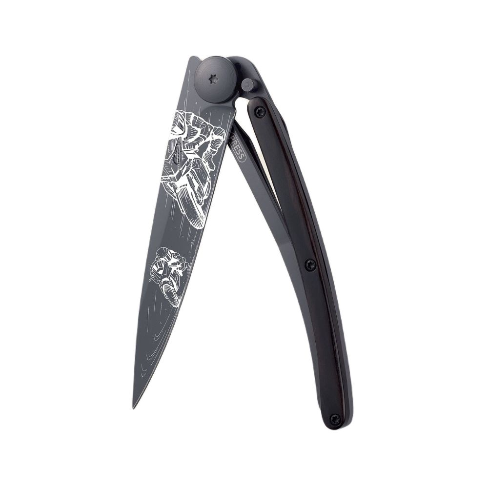 Deejo 37G Pocket Knife - Ebony Wood/Moto Racing (Grey)