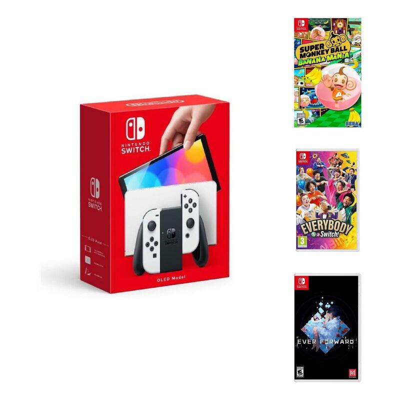 Nintendo Switch OLED White Joy-Con Console + Everybody 1-2 Switch + Super Monkey Ball: Banana Mania + Ever Forward (Bundle)