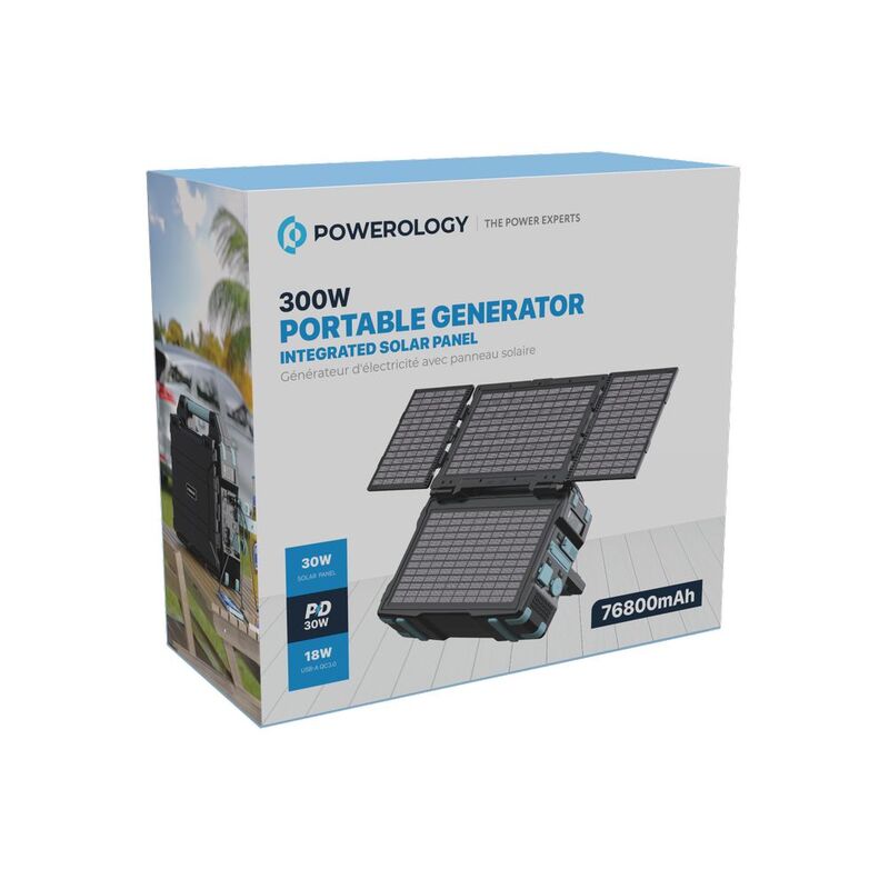 Powerology 76800Mah 300W Portable Generator Integrated Solar Panel - Black