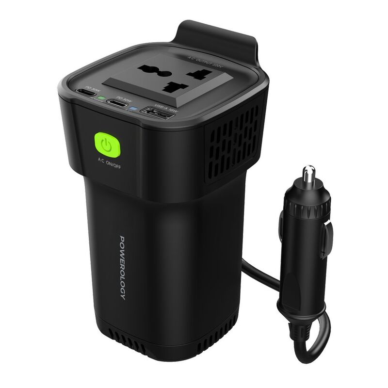 Powerology 150W Cup Holder Power Inverter Dual USB-C & USB-A QC3.0 - Black Powerology 150W Cup Holder Power Inverter Dual USB-C & USB-A QC3.0 - Black