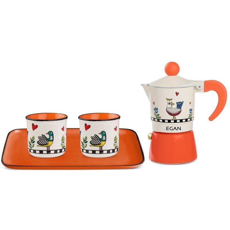 Egan Cocorico Moka Coffee Maker Set +2 Mini Mugs + Tray - Orange