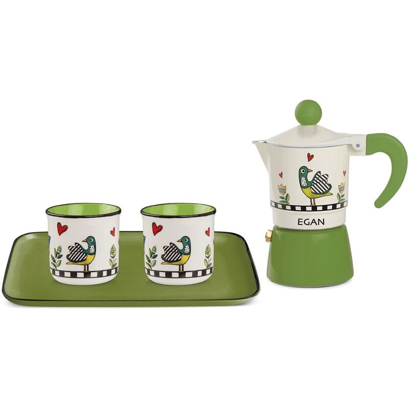 Egan Cocorico Moka Coffee Maker Set +2 Mini Mugs + Tray - Green