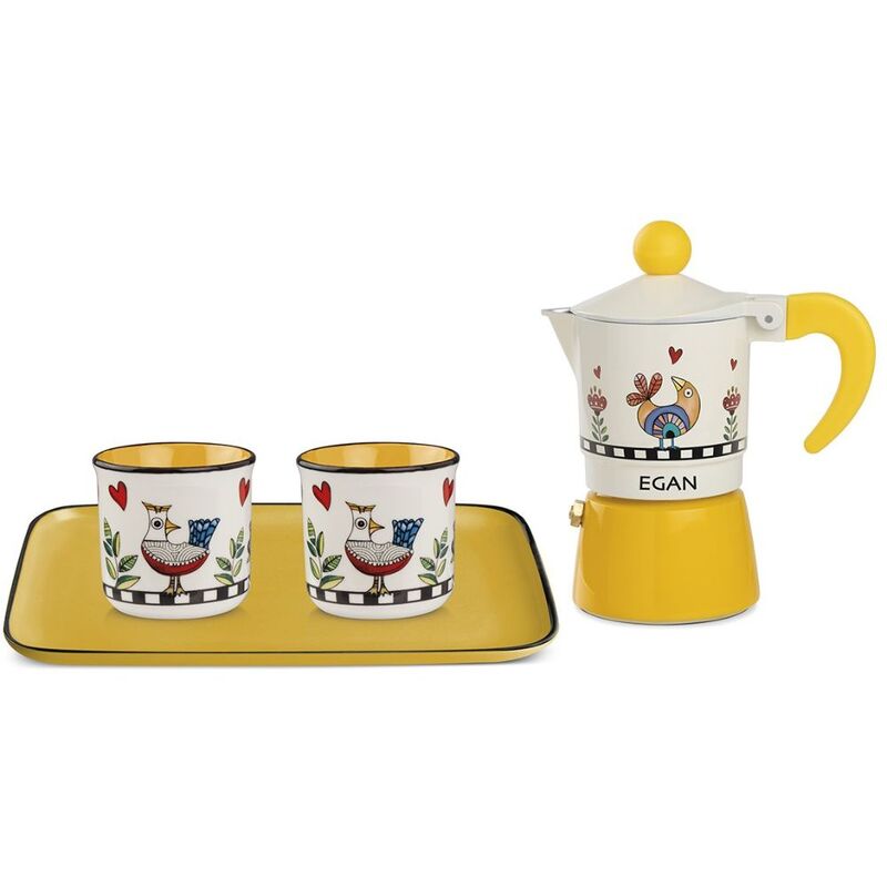 Egan Cocorico Moka Coffee Maker Set +2 Mini Mugs + Tray - Yellow