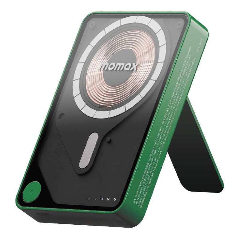 Momax 1-Power X Pro+ 10000mAh Magnetic Wireless Power Bank With Stand And Built-In USB-C Cable - Green