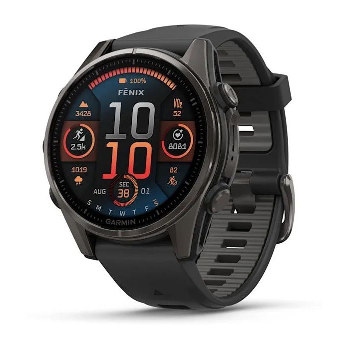 Garmin Fenix 8 43mm AMOLED Sapphire Carbon Gray DLC Titanium Smartwatch - Black/Pebble Gray Silicone Band