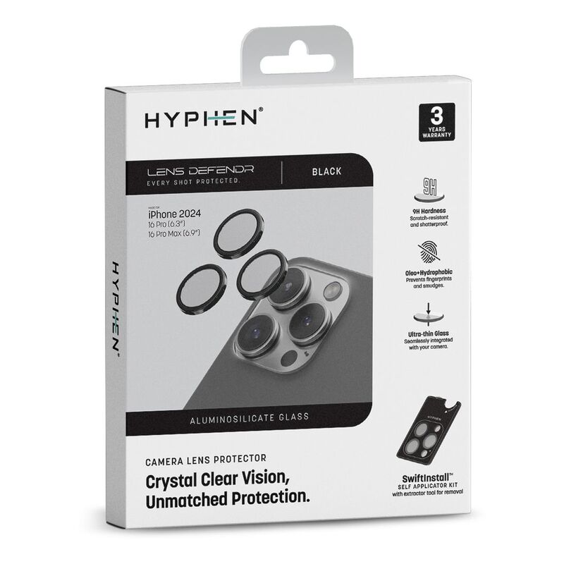 HYPHEN Camera Lens Protector for iPhone 16 Pro/Pro Max with Self Installation Board - Black