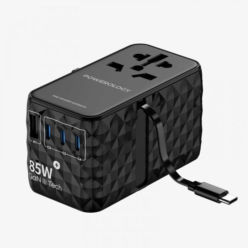 Powerology Universal Gan 85W Super Charger Retractable Type-C Cable-Black Powerology Universal Gan 85W Super Charger Retractable Type-C Cable-Black