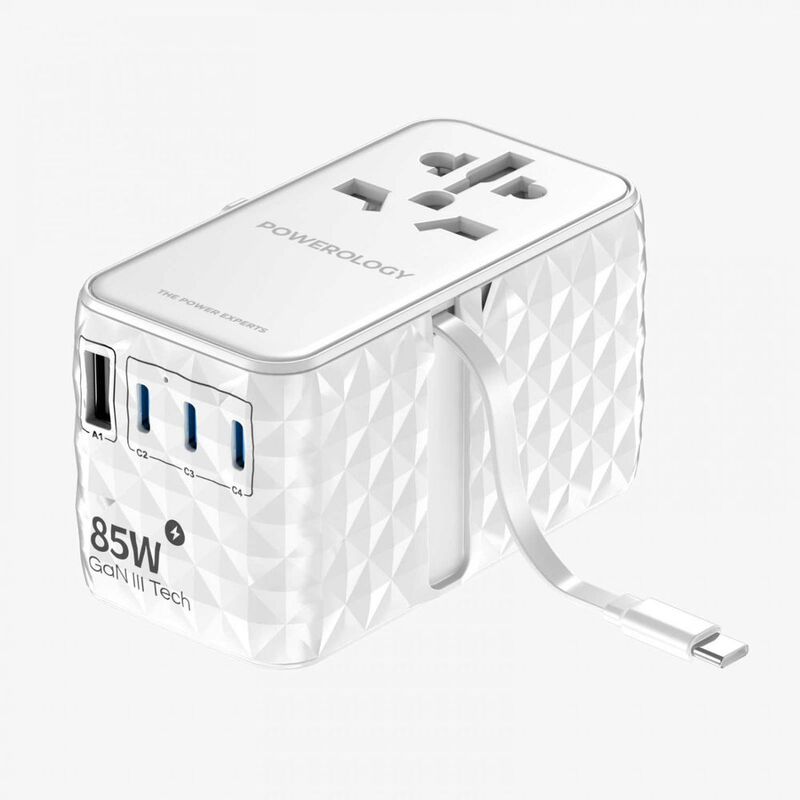 Powerology Universal Gan 85W Super Charger Retractable Type-C Cable-White