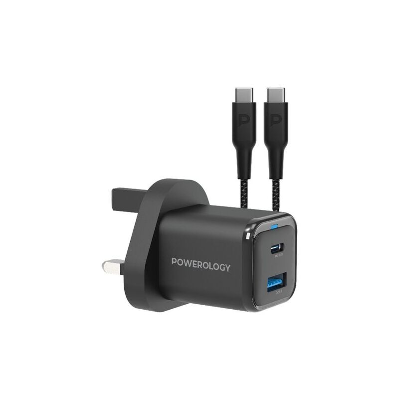 Powerology Dual Port Super Compact Quick Charger With USB-C To USB-C Cable 1.2M/4ft-Black