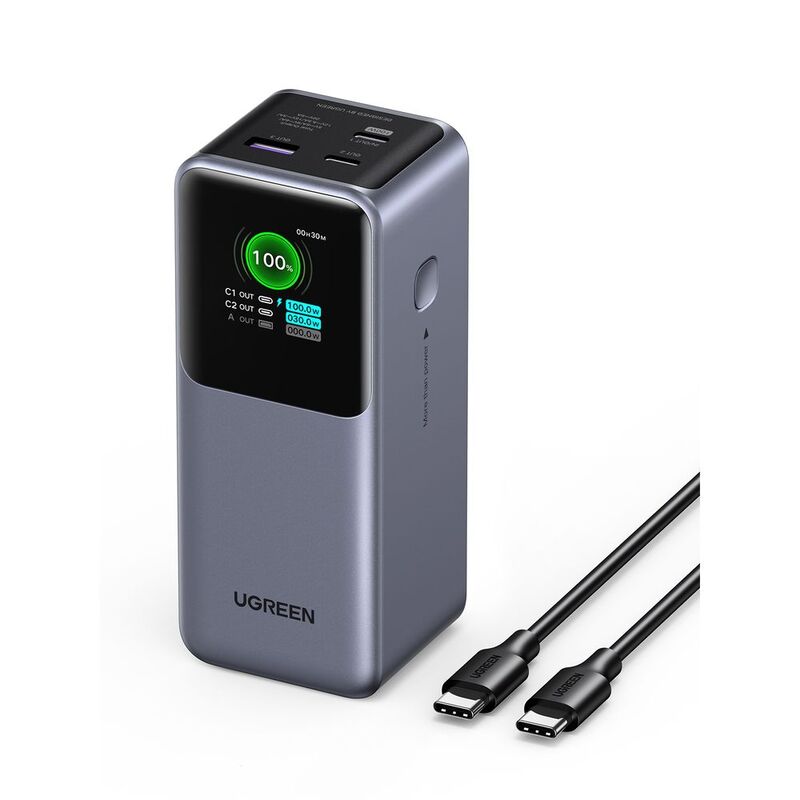 Ugreen Nexode Powerbank 20000Mah 130W Fast Charging Tft Display USB-C1 100W Max + USB-C2 30W Max + USB-A 22.5W - Max Grey