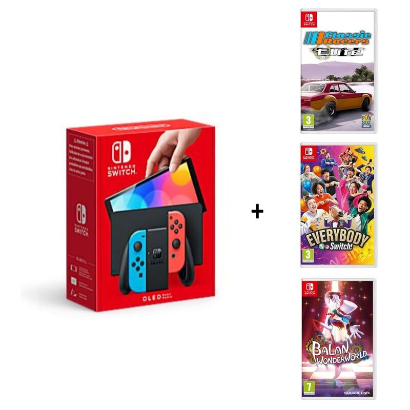 Nintendo Switch OLED Neon Console + Classic Racers Elite + Everybody 1-2 Switch + Balan Wonderworld (Bundle)