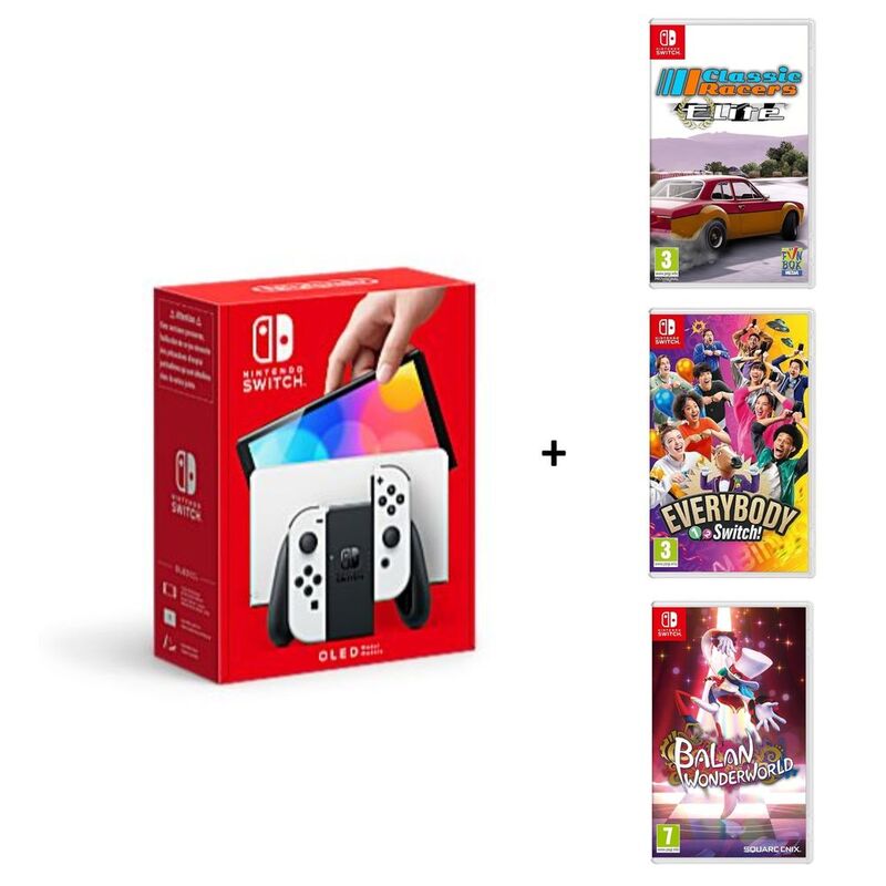 Nintendo Switch OLED White Console + Classic Racers Elite + Everybody 1-2 Switch + Balan Wonderworld (Bundle)