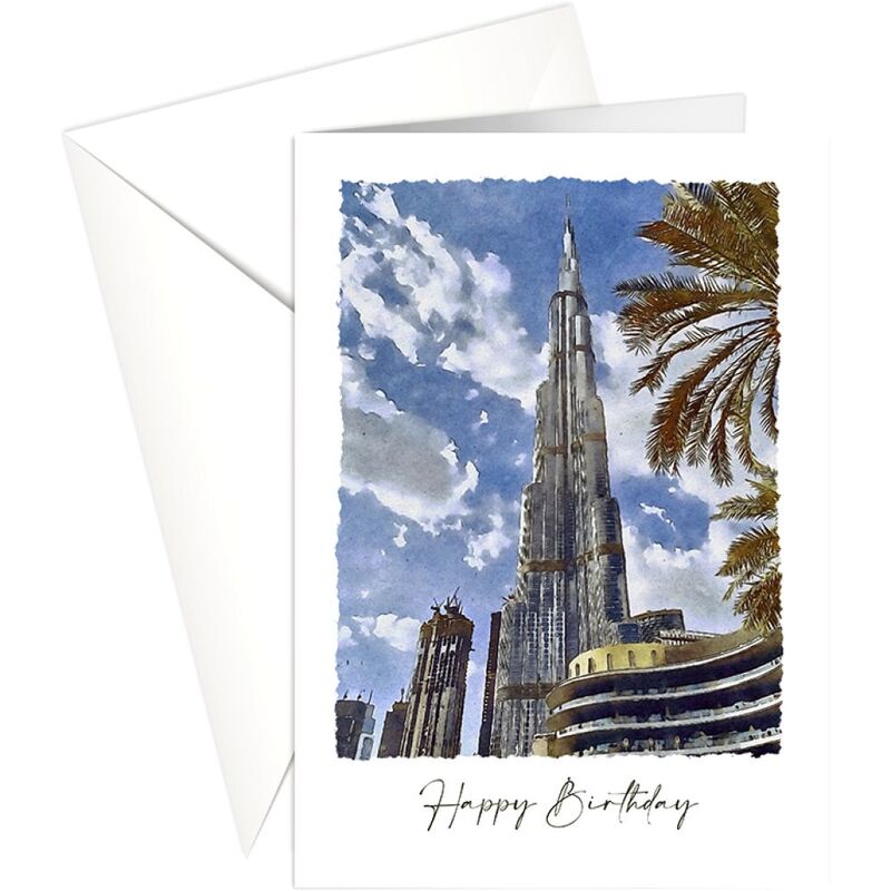 Share The Love Happy Birthday - Burj Khalifa Watercolour Greeting Card (18 x 13 Cm)